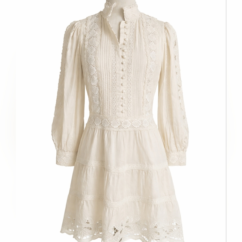 Alice + Olivia Cream Lace Long Sleeve Midi Dress